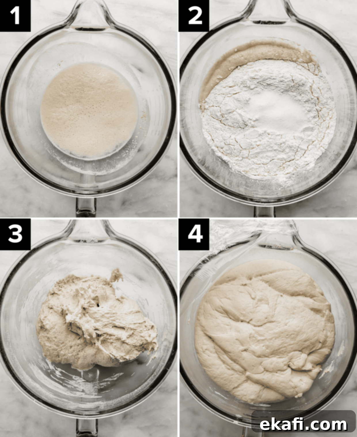 Flawless Pizza Dough Every Time 4 Four images showing the progressive making of homemade pizza dough: yeast activation, mixing, rising, and formed dough balls.