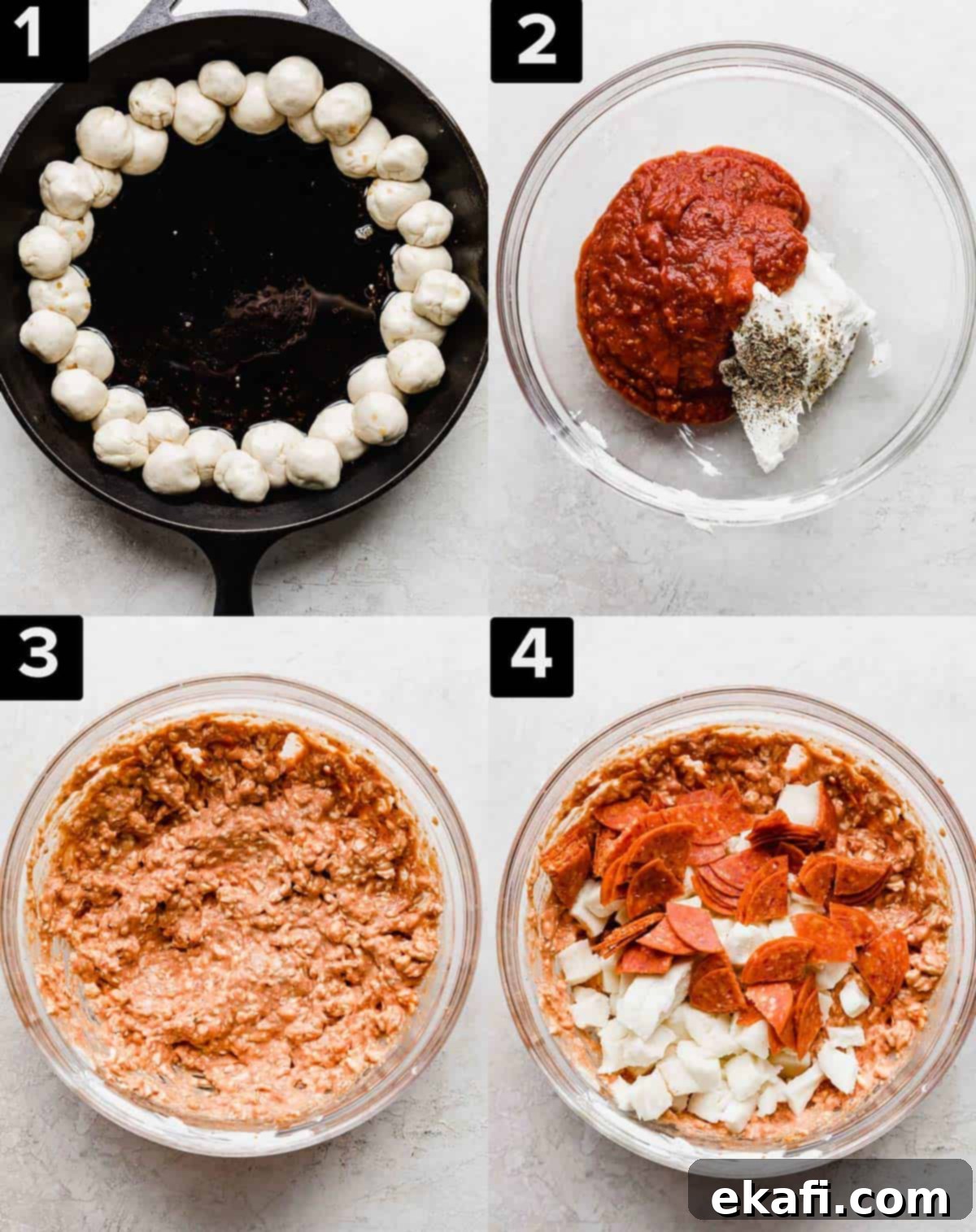 Ultimate Pepperoni Pizza Dip 3 A four-panel image demonstrating key steps to make Pepperoni Pizza Dip, including dough shaping, arranging in the skillet, and the dip preparation.