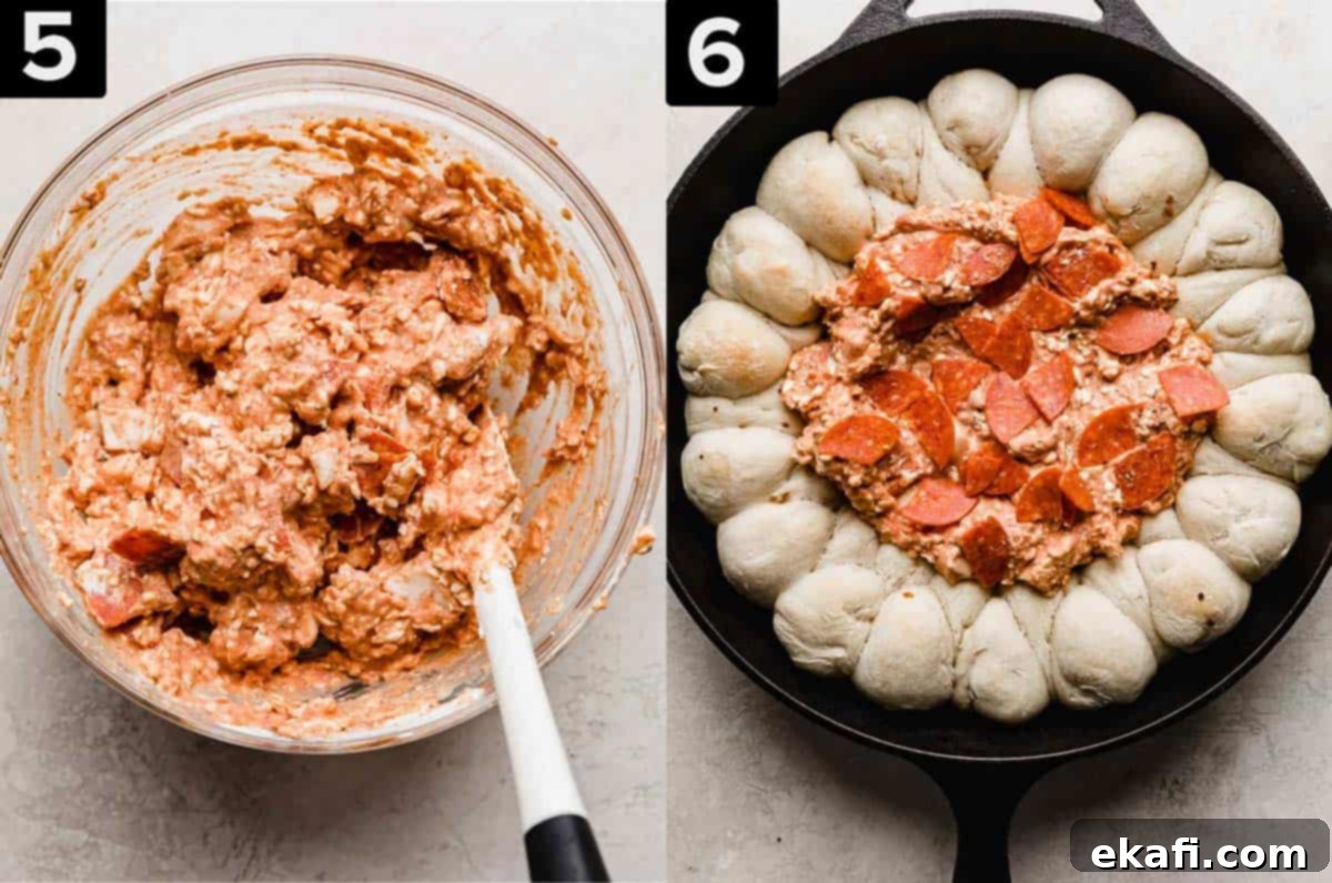 Ultimate Pepperoni Pizza Dip 4 Left image displays the creamy pizza dip mixture in a clear glass bowl, while the right image shows the assembled pizza dip already in a cast iron skillet, surrounded by golden pull-apart pizza rolls, before the final bake.