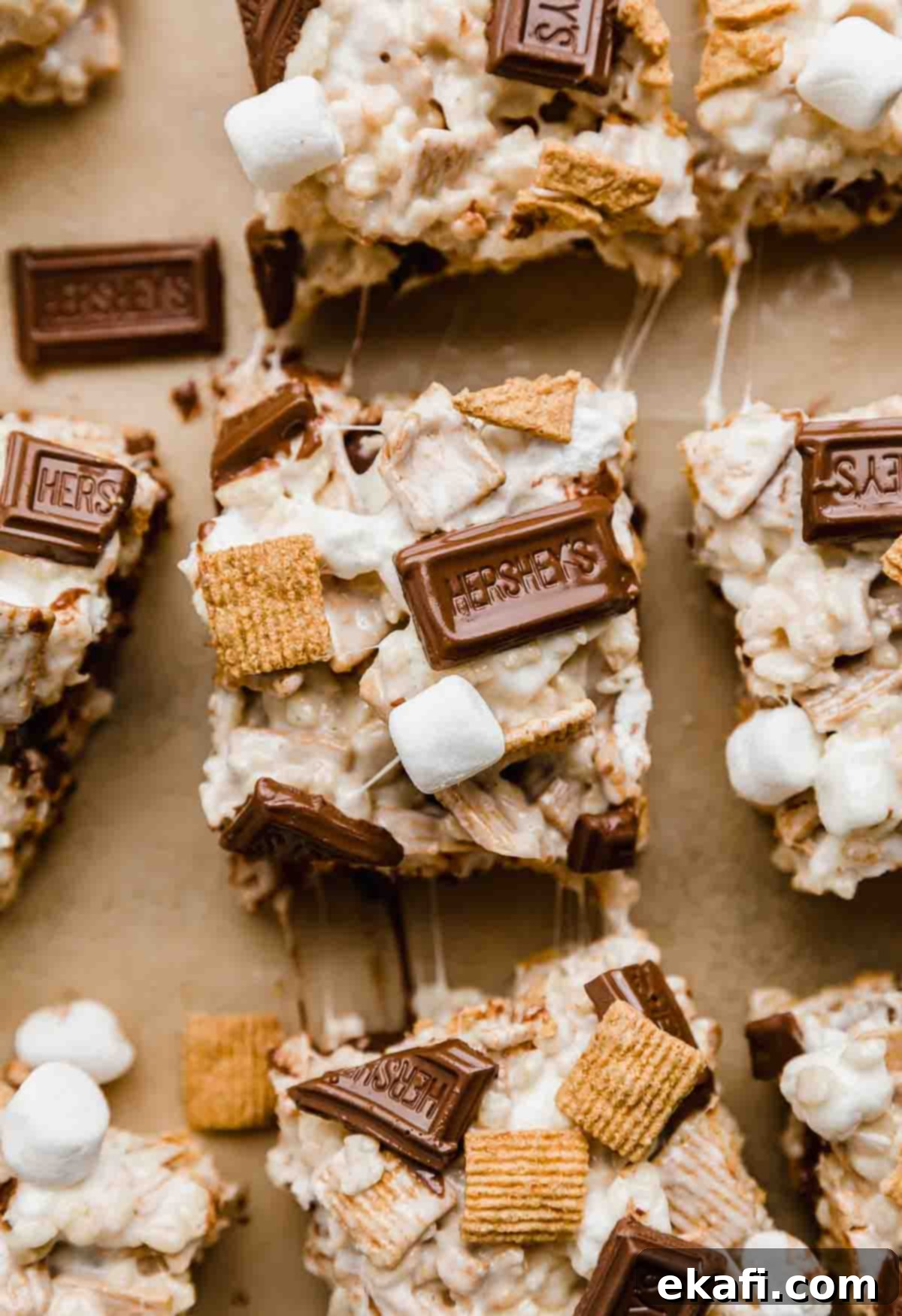 S'more Rice Krispie Treats 2 Overhead photo of a S'more Rice Krispie Treats on a Kraft colored parchment.