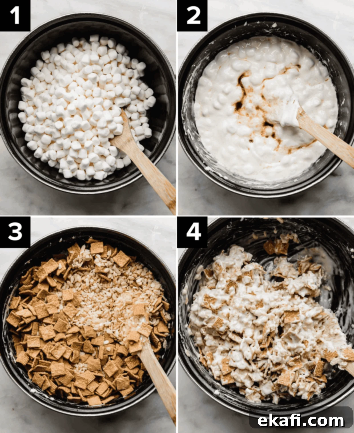 S'more Rice Krispie Treats 4 Four images showing how to make S'mores Rice Krispie Treats, top left has black pot with mini mallows in it, top right is melted marshmallow in the pot, bottom left has Golden Grahams and rice krispies in the pot, bottom right is S'more Rice Krispie Treats mixture in a pot.