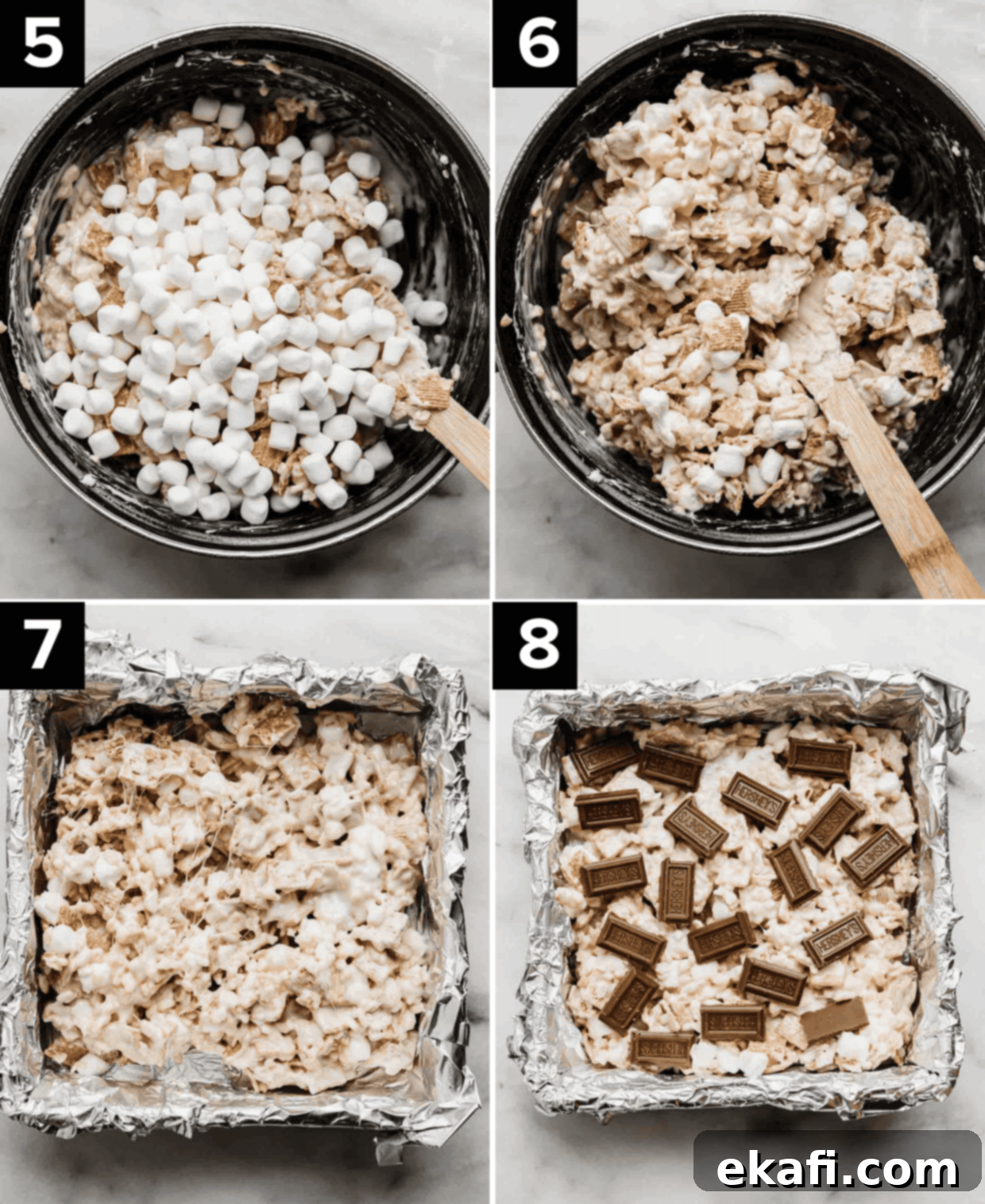 S'more Rice Krispie Treats 5 S'more Rice Krispie Treats in a pot, then transferred to a square pan with the Rice Krispies topped with Hershey's chocolate pieces.