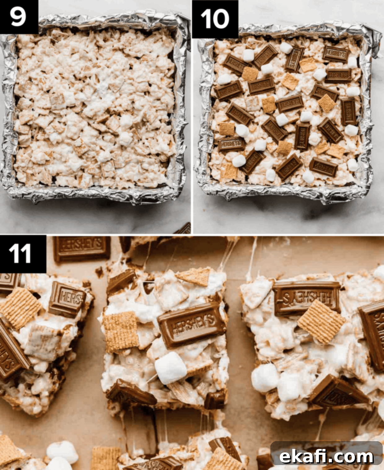 S'more Rice Krispie Treats 6 S'mores Rice Krispie Treats topped with Hershey chocolate pieces.