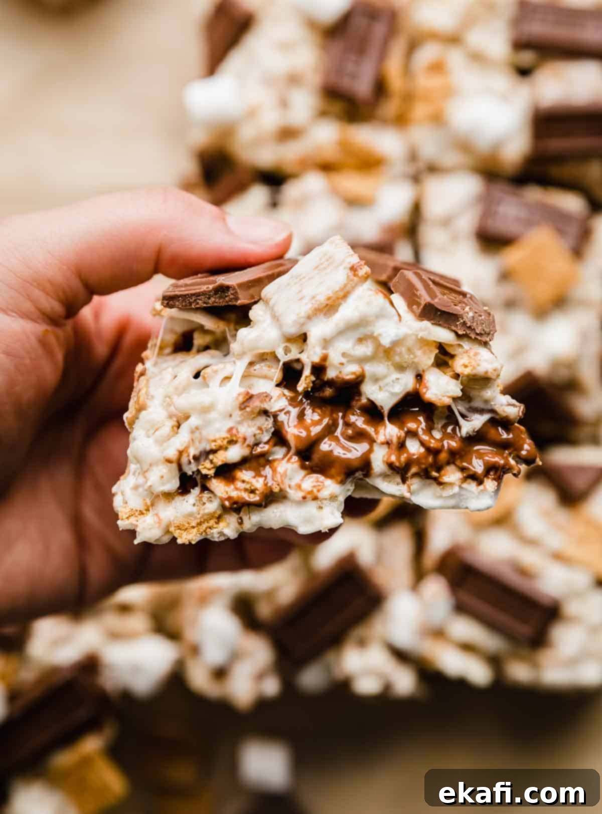 S'more Rice Krispie Treats 7 S'mores Rice Krispies made with Golden Grahams cereal and Rice Krispies topped with chocolate pieces.