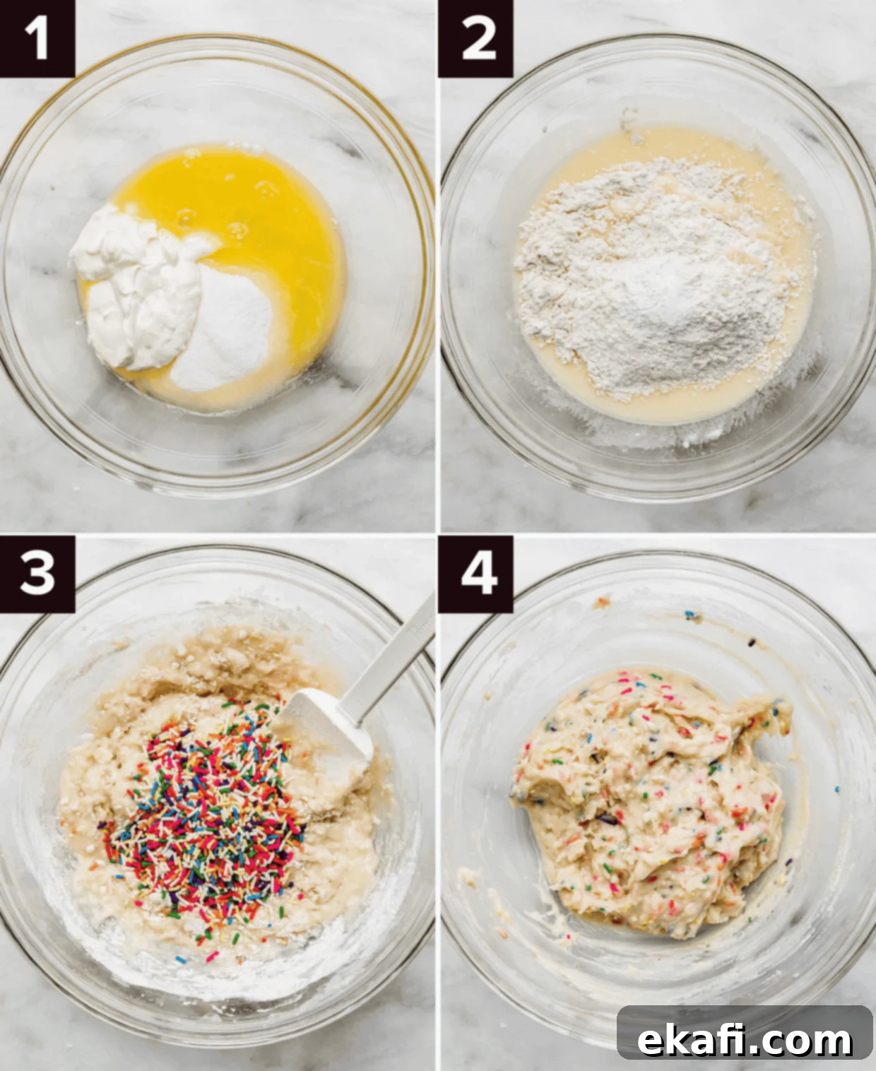 Confetti Delights 4 Four images showing the process of how to make funfetti donuts, top left is glass bowl with sour cream and butter in it, top right is flour on top of a yellow batter in glass bowl, bottom left is colorful sprinkles over a batter, bottom right is funfetti batter in glass bowl.