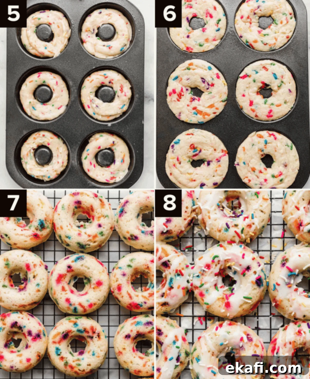 Confetti Delights 5 Four images, top left is funfetti donut batter in donut pan, top right is baked funfetti donuts in a donut pan, bottom left is sprinkle donuts on a cooling rack, bottom right is glaze covered funfetti donuts.