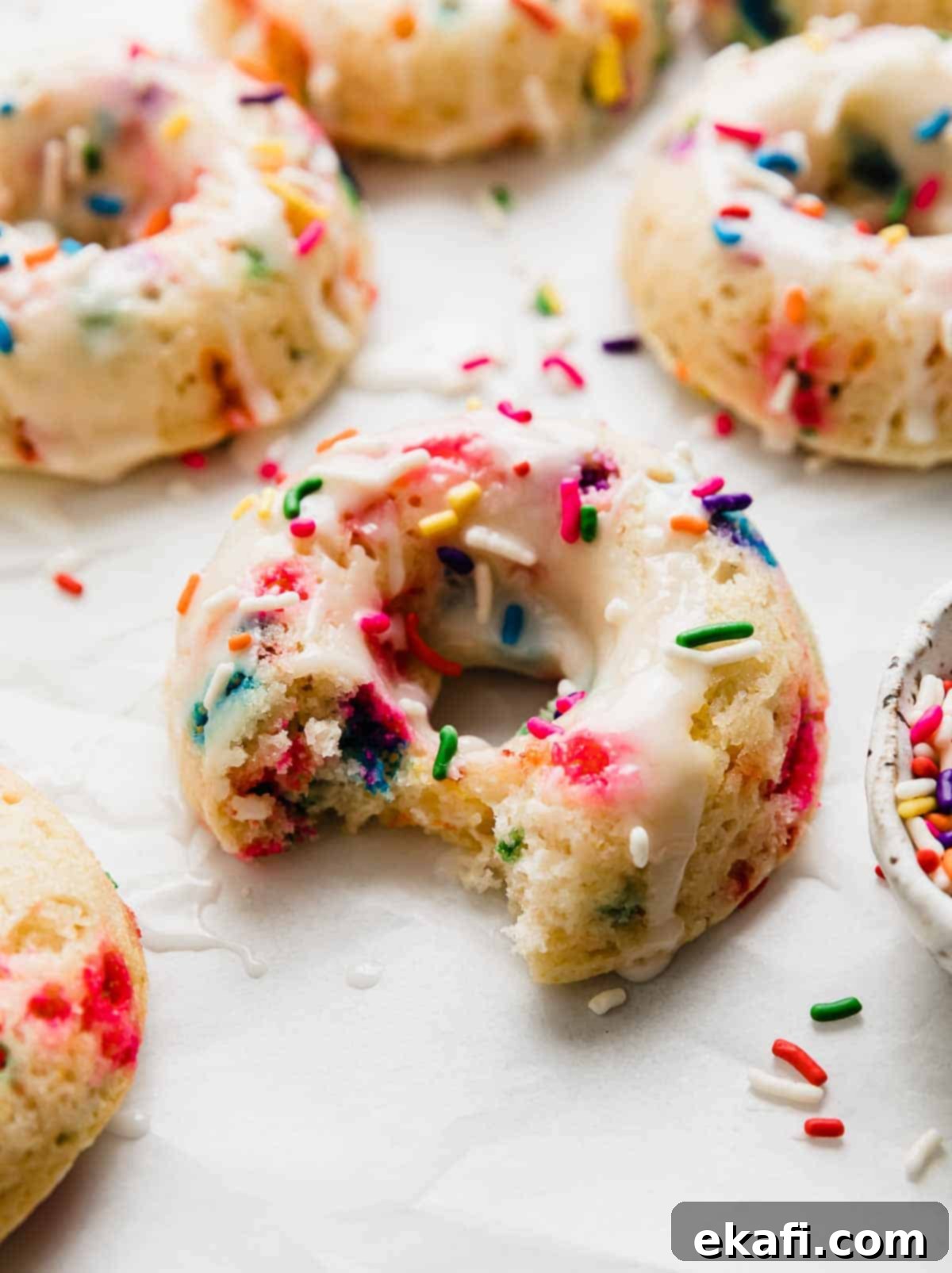 Confetti Delights 6 A sprinkle Donut with a bite taken out of it on a white background.