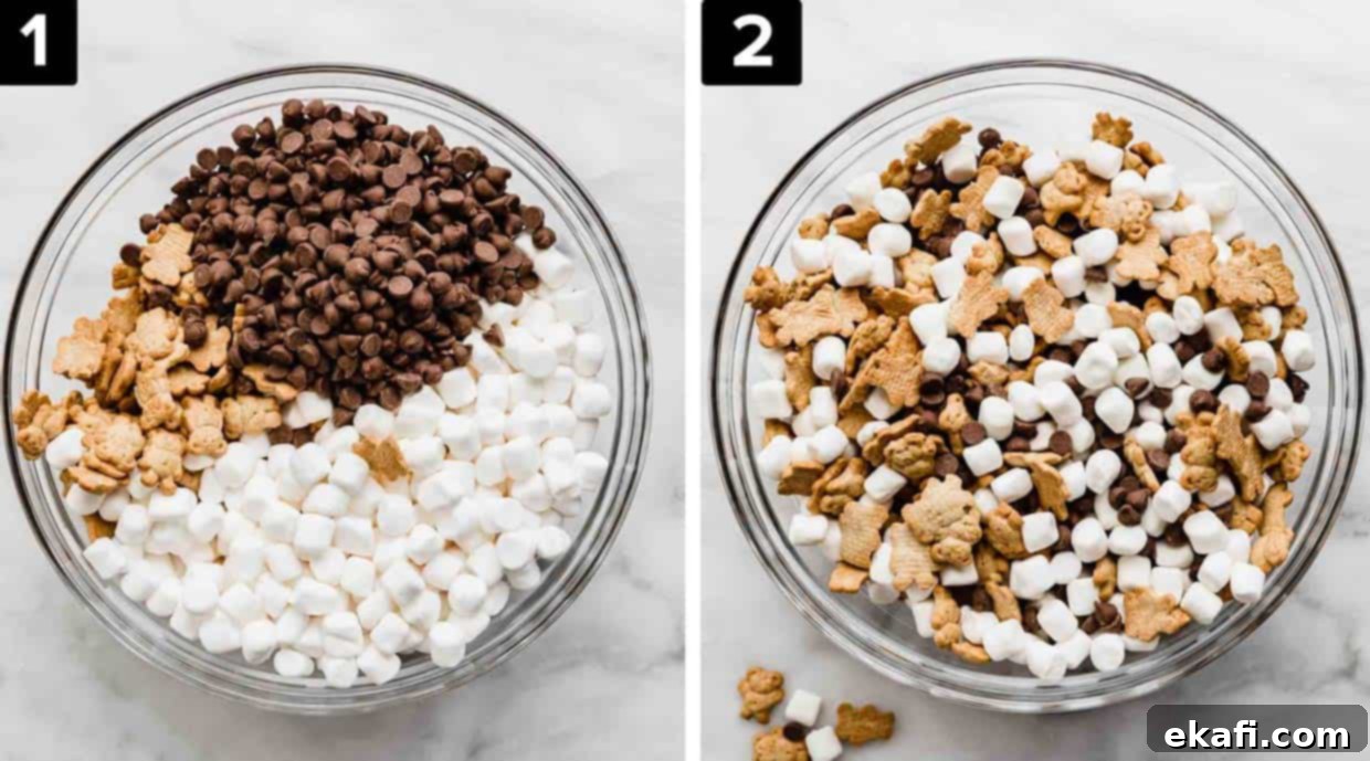 S'mores Mix 4 Two images showing how to make an easy s'mores snack, left image is a large bowl filled with milk chocolate chips, mini marshmallows and Teddy grahams crackers, the right image is the same ingredients in a large bowl but the ingredients are all mixed together.