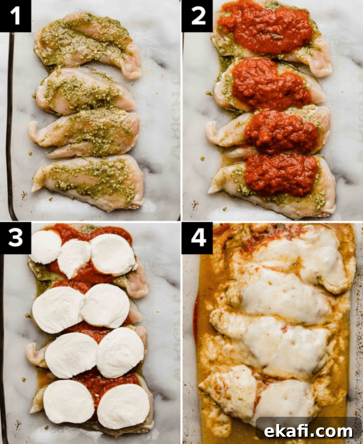 Pesto Parmesan Chicken 4 Four images showing how to make easy Pesto Chicken Parmesan in a baking dish; top left is raw chicken topped with basil pesto, top right is chicken topped with marinara, bottom left has mozzarella topped chicken, bottom right is baked Pesto Chicken Parmesan in a baking dish.