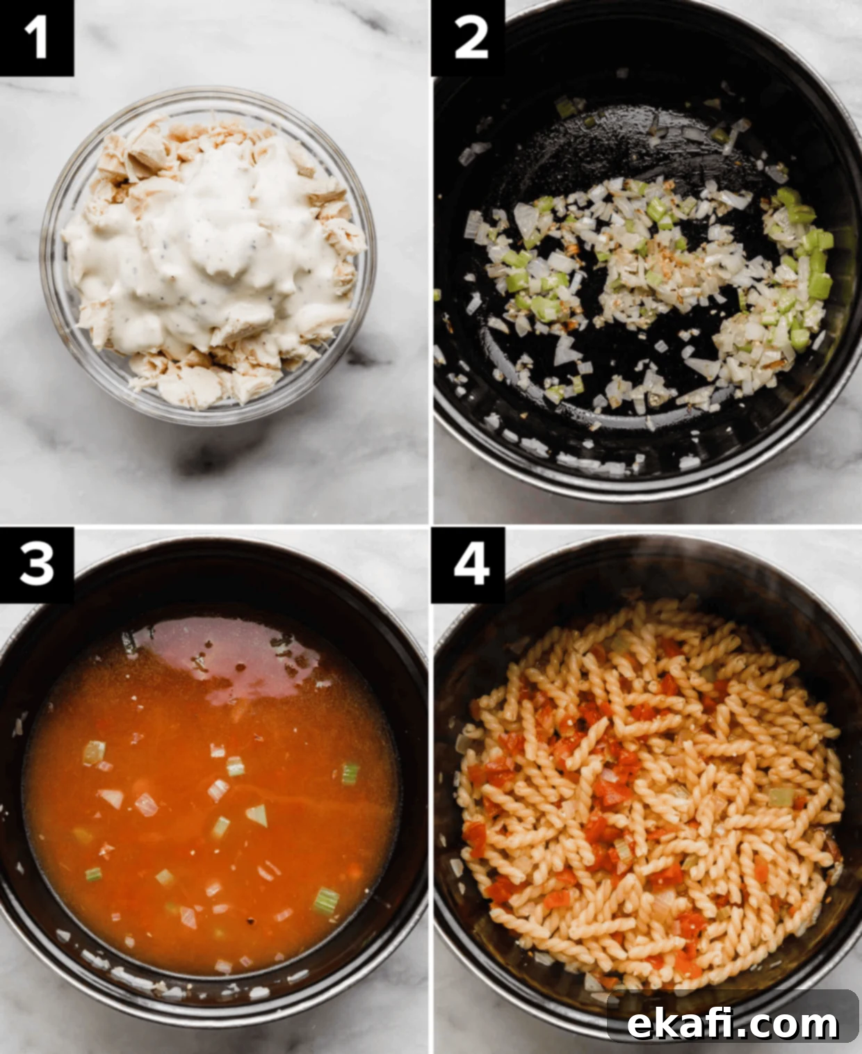 Ultimate Buffalo Chicken Pasta 4 Four images showing how to make Buffalo Chicken Pasta, top left image is chicken in a glass bowl with ranch dressing overtop, top right is celery and onion in a pot, bottom left is red liquid in black pot, bottom right is cooked pasta in a pot.