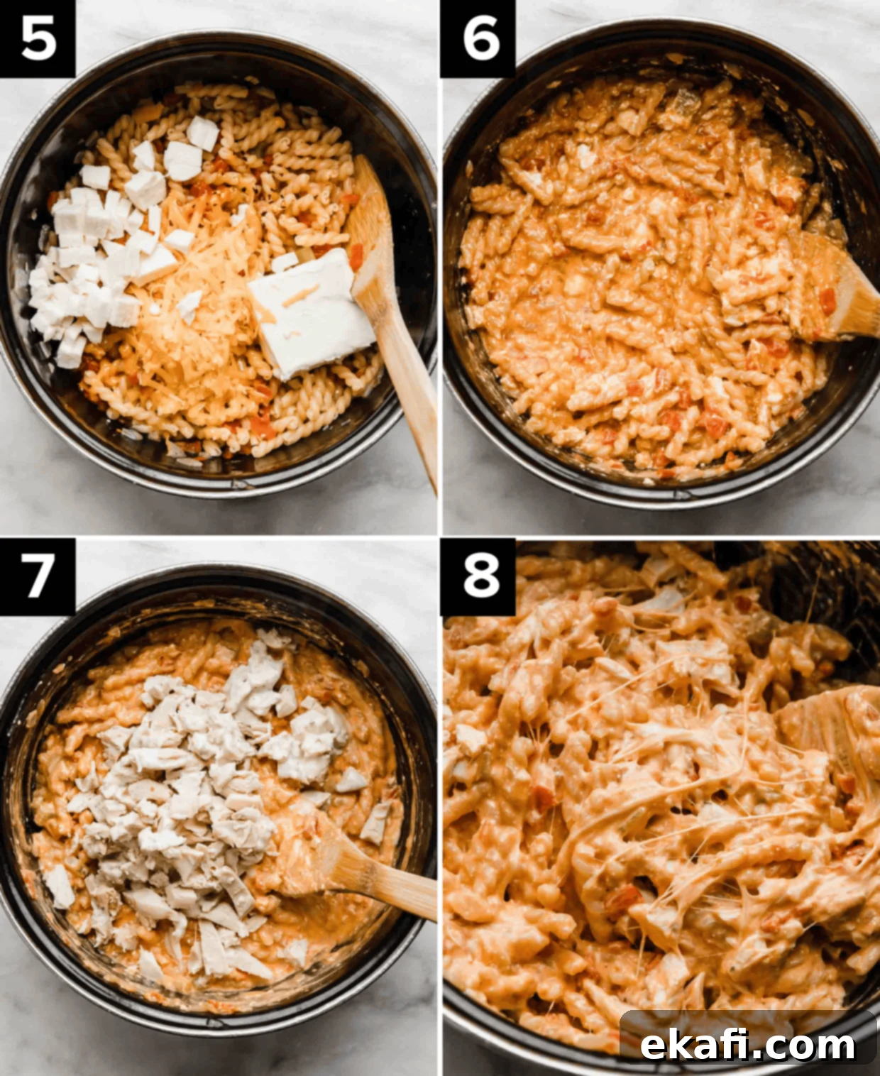 Ultimate Buffalo Chicken Pasta 5 Four images showing how to make Buffalo Chicken Pasta, all images are a black pot with ingredients being added to the pot such as cream cheese, cheese, chicken, and then stirring together to combine.