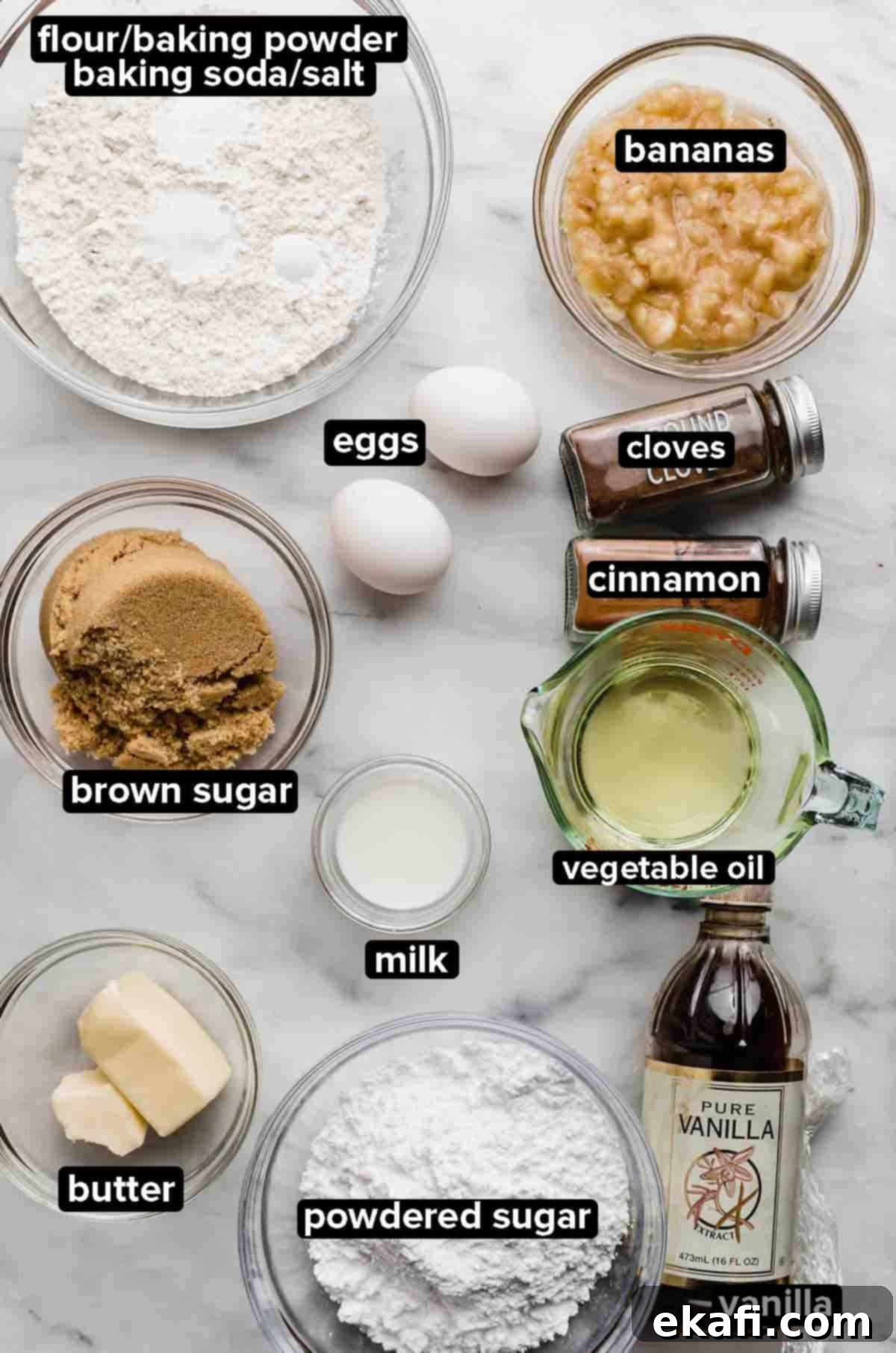 Sweet Frosted Banana Cookies 3 Frosted Banana Cookies ingredients in a glass bowl on a white background.