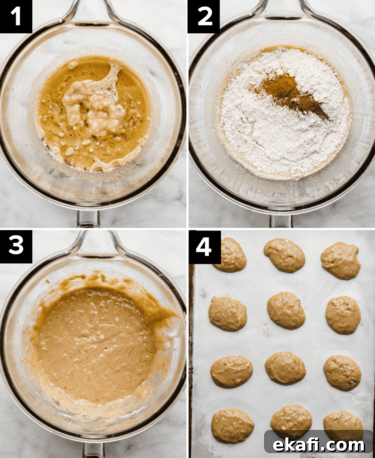 Sweet Frosted Banana Cookies 4 Four images showing the process of making banana cookies batter in a glass bowl.