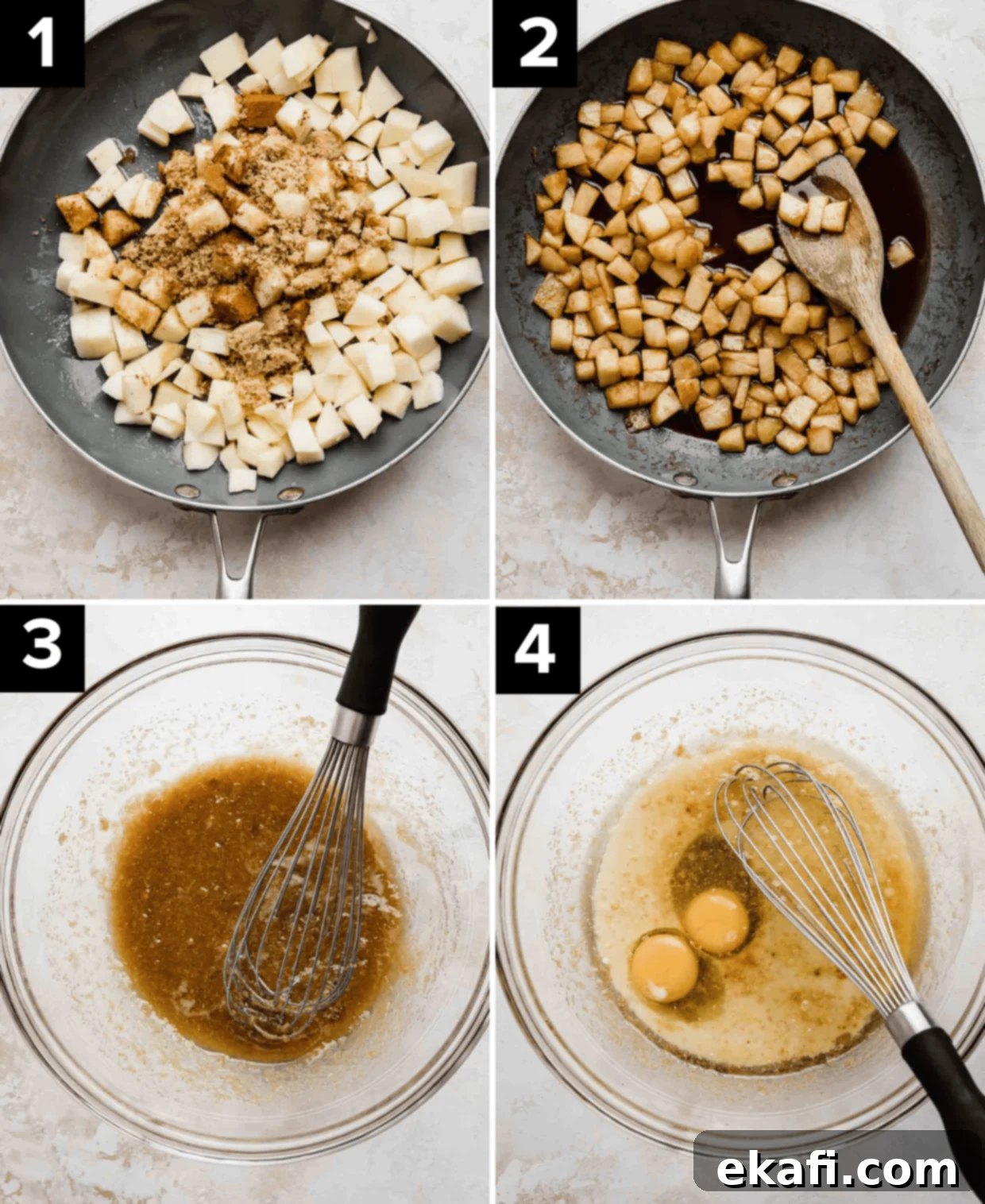 Baked Apple Fritter Delight 4 Four images showing how to make Apple Fritter Cake: top left is skillet with diced apples, top right photo is diced apples cooked in a brown syrup mixture, bottom left image is glass bowl filled with brown sugar and oil, bottom right is glass bowl with eggs and light yellow mixture.