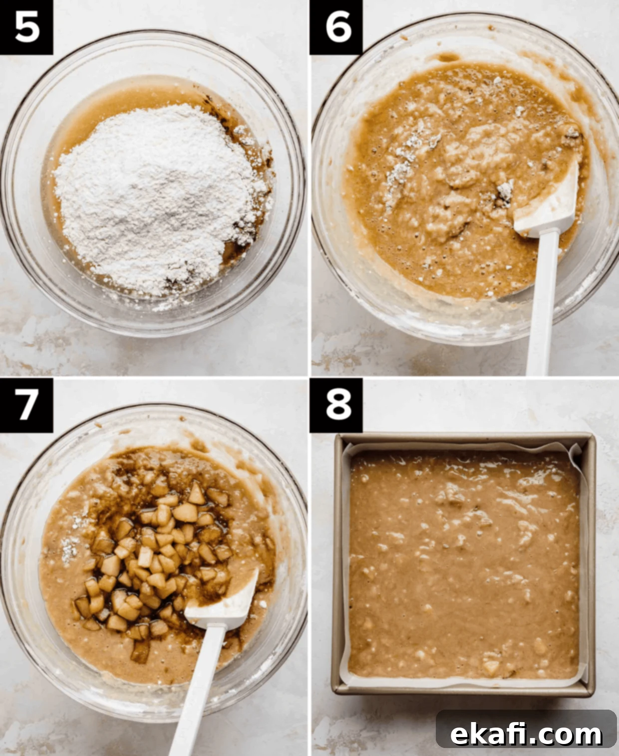 Baked Apple Fritter Delight 5 Four photos showing process of making Apple Fritter Cake: top left is glass bowl with flour in it, top right is Apple Fritter Cake batter in glass bowl, bottom left is cooked diced apples in glass bowl, bottom right is square pan filled with Apple Fritter Cake batter.