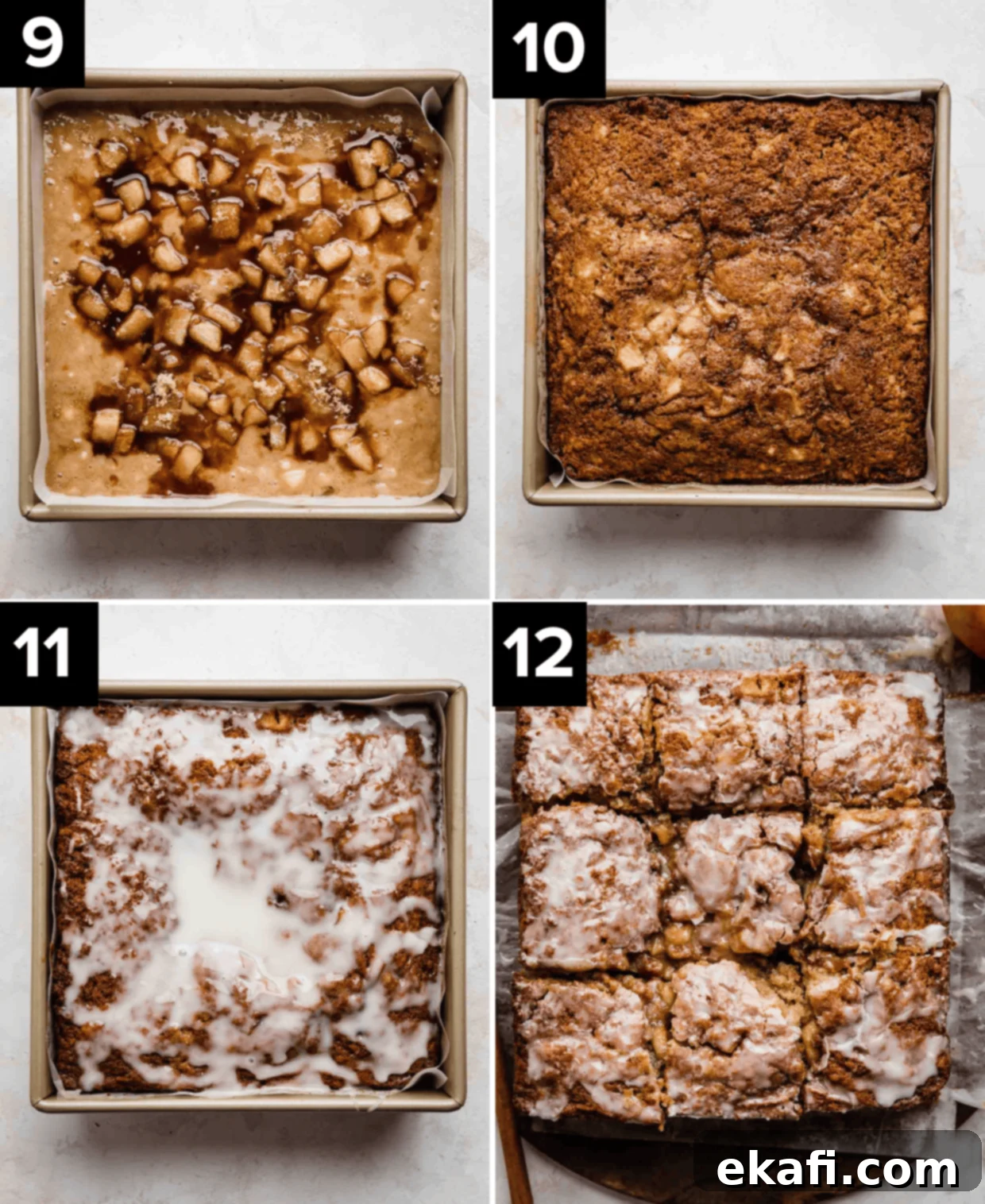 Baked Apple Fritter Delight 6 Four photos showing Apple Fritter Cake in square pan, showing the process of it being made, raw batter in pan, baked, then the Apple Fritter Cake topped with icing.