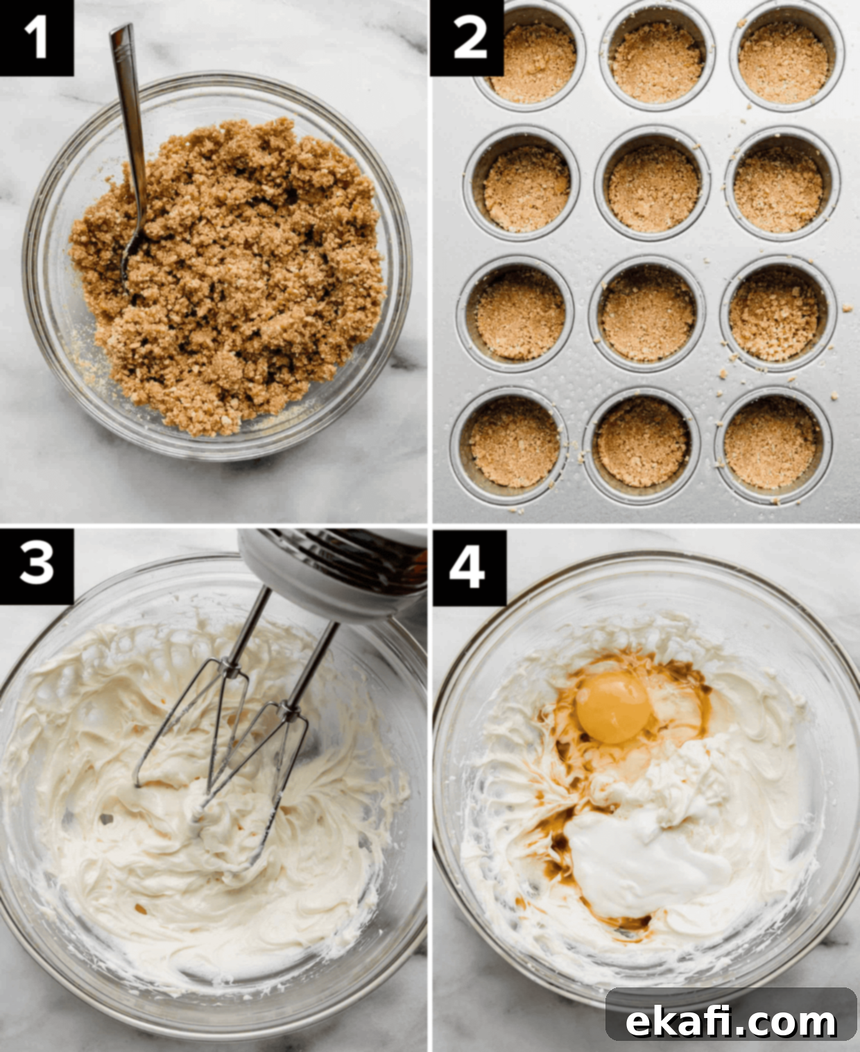 Bite-Sized Cheesecakes 4 Four photos showing how to make Mini Cheesecakes crust with graham cracker crumbs and the beginning of creaming cream cheese in a glass bowl.