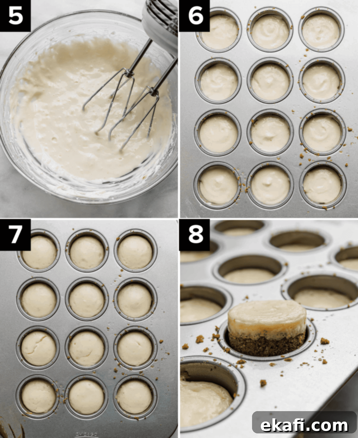 Bite-Sized Cheesecakes 5 Four photos, top left image is cheesecake filling in a glass bowl, top right is unbaked Mini Cheesecakes in a cheesecake pan, bottom photo is baked Mini Cheesecakes in a mini cheesecake pan, and a hand pushing a mini cheesecake from a cheesecake pan.