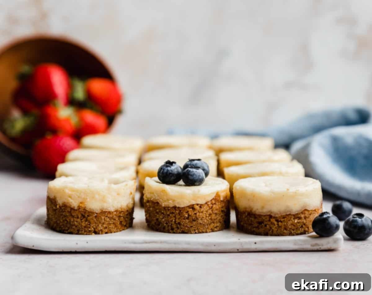 Bite-Sized Cheesecakes 8 A white plate topped with twelve Mini Cheesecakes, the middle center cheesecake topped with three blueberries, and a bowl of strawberries in the background.