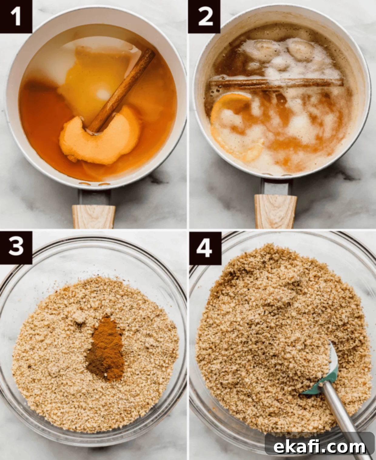 Authentic Greek Baklava 4 A visual guide to the initial steps of Greek Baklava preparation. Top left: a white pot containing honey, sugar, orange peel, and a cinnamon stick for the syrup. Top right: the syrup mixture gently boiling. Bottom left: a glass bowl holding finely crushed walnuts mixed with ground spices. Bottom right: another view of the glass bowl with the aromatic walnut filling.