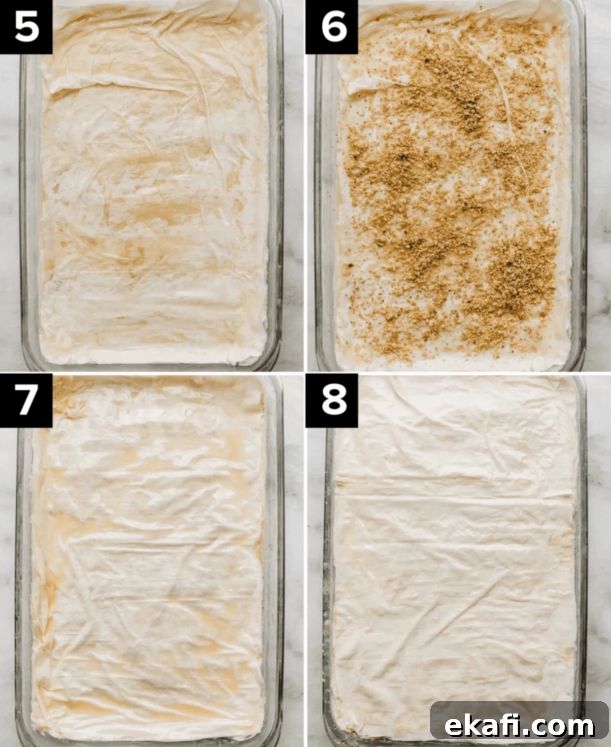 Authentic Greek Baklava 5 A four-panel image demonstrating the layering process of Greek Baklava. Top left: a single sheet of phyllo dough perfectly fitted into a rectangular baking pan. Top right: a small amount of finely ground walnuts sprinkled over a phyllo layer. Bottom left and right: successive layers of phyllo dough being added to the rectangular pan, showing the building of the baklava structure.