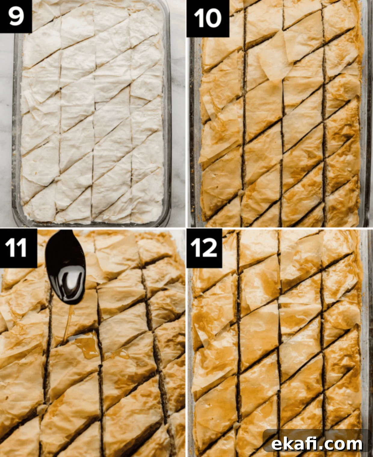 Authentic Greek Baklava 6 A visual progression of Greek Baklava preparation: uncooked diamond-shaped cuts, baked to a golden crisp, and finally, the luscious syrup being poured generously over the best walnut baklava.