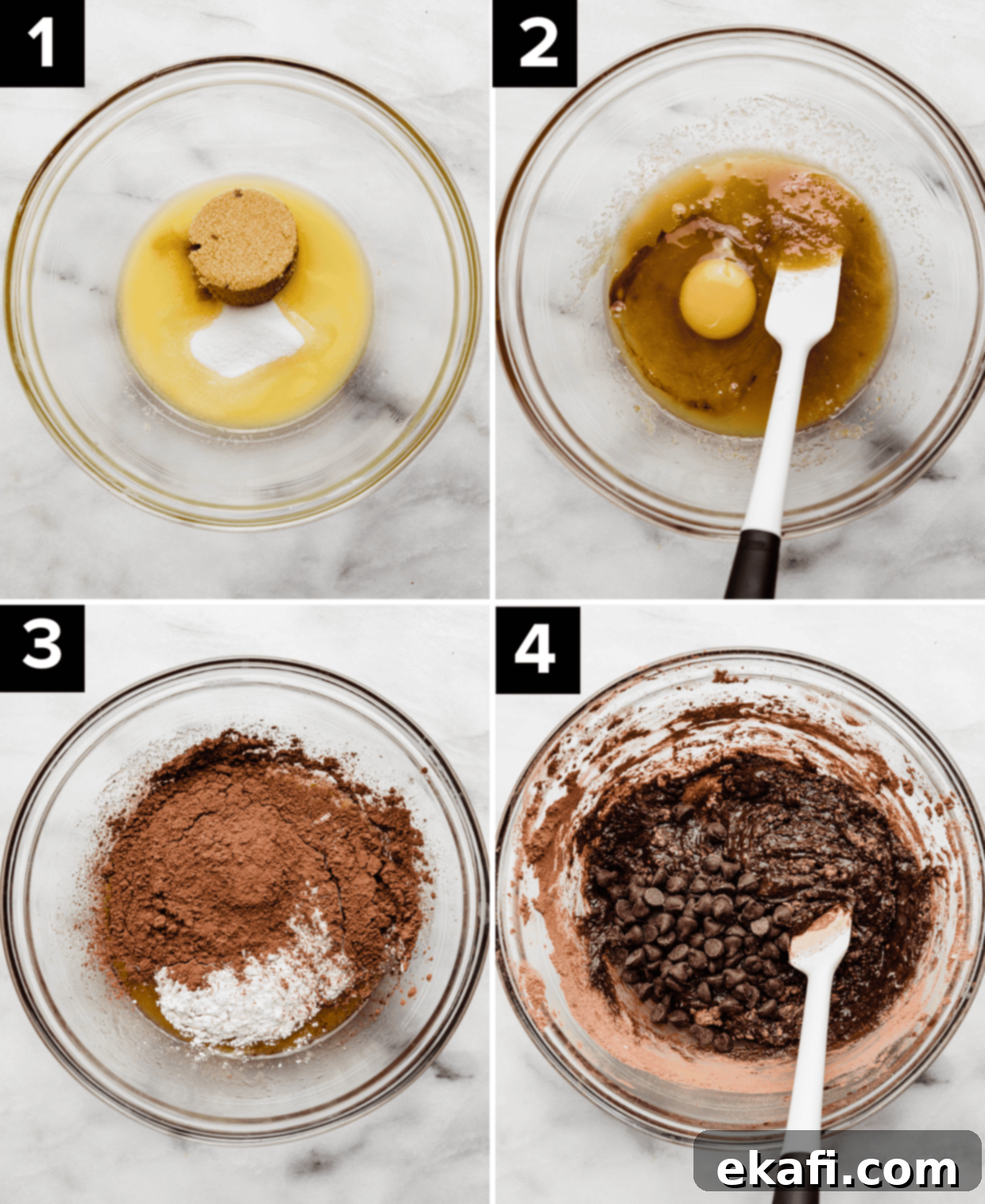 Brownies for Two 4 Four sequential photos demonstrating the preparation of small batch brownie batter, from initial mixing to the final chocolate chip inclusion.