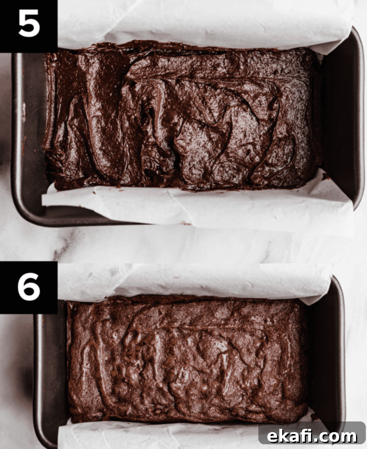 Brownies for Two 5 Two photos: the top shows unbaked small batch brownie batter in a bread pan, the bottom shows the same pan with beautifully baked brownies.
