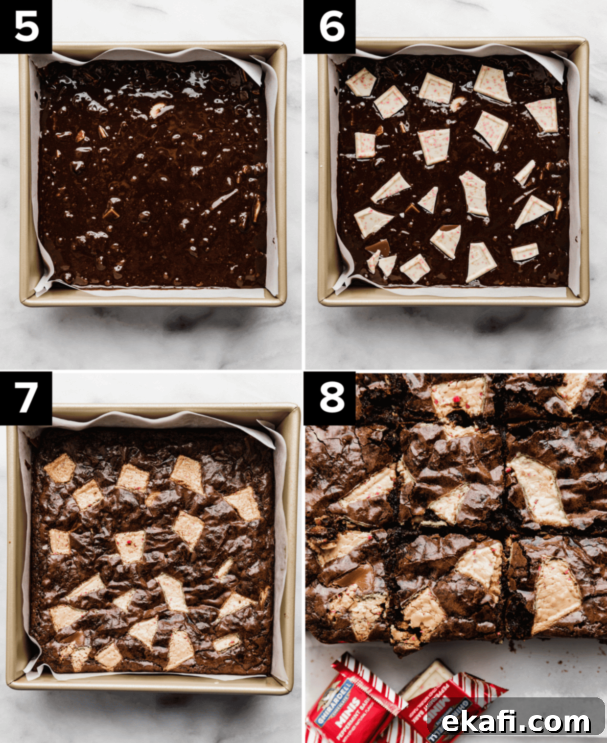 Μπράουνις με Κρουστά Σοκολάτας Μέντας 5 Peppermint Bark Brownies σε τετράγωνο ταψί, η επάνω φωτογραφία δείχνει το μείγμα στο ταψί, η επάνω δεξιά εικόνα έχει κομμάτια σοκολάτας μέντας στην κορυφή, και οι δύο κάτω φωτογραφίες είναι ψημένα brownies μέντας.