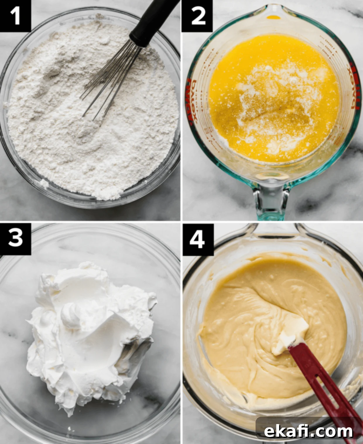 Golden Cake with Decadent Chocolate Frosting 4 Four photos showing steps to making a yellow cake with cake flour: top left image is dry ingredients in a bowl, top right photo is melted butter and buttermilk in glass measuring cup, bottom left image is whipped egg whites, bottom right image is a yellow cake batter in a bowl.