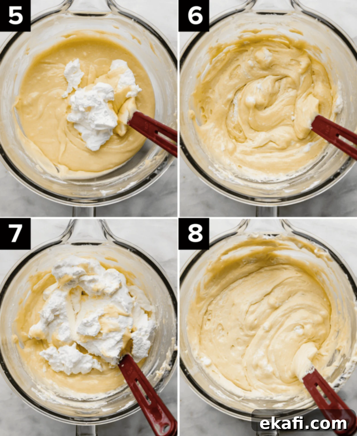 Golden Cake with Decadent Chocolate Frosting 5 Four images showing the sequencing of folding in egg whites into a yellow cake batter that's in a glass mixing bowl.