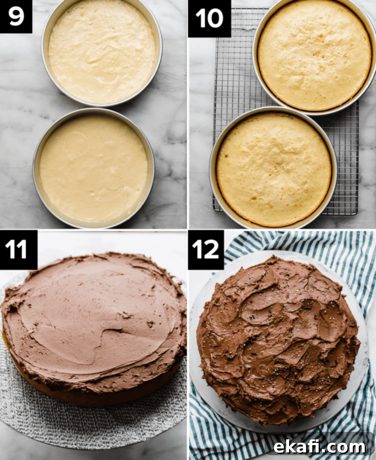 Golden Cake with Decadent Chocolate Frosting 6 Four photos showing how to make Yellow Cake with Chocolate Frosting, top left image is two cake rounds with yellow cake batter in them, top right image is baked yellow cake recipes in two round cake pans, bottom left photo is chocolate frosting atop a single yellow cake layer, and bottom right is a chocolate frosting coated yellow cake.