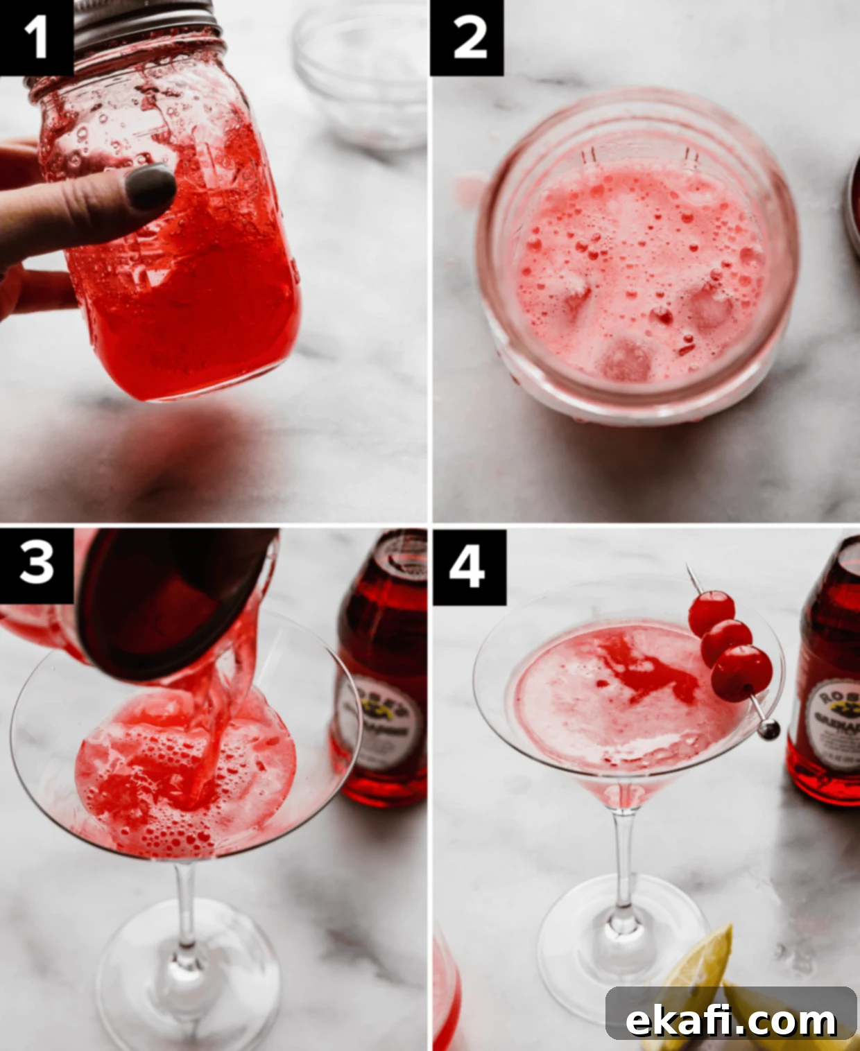 Pink Lady Bliss 4 Four photos showing how to make a pink lady mocktail recipe, top left image is a glass mason jar filled with pink mocktail ingredients being shaked, top right is overhead photo of foamy Pink Lady Mocktail in a mason jar, bottom left image is Pink Lady Mocktail being poured into a glass, and bottom right photo is Pink Lady Mocktail in a martini glass.