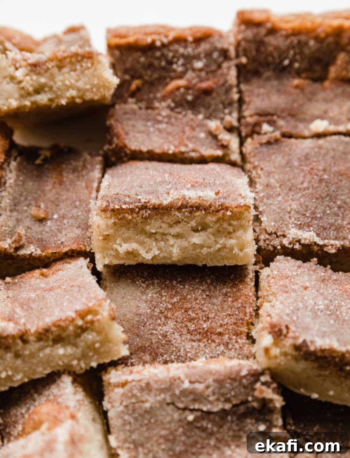 Chewy Snickerdoodle Blondies 2 Cinnamon sugar coated Snickerdoodle Bars cut into squares.