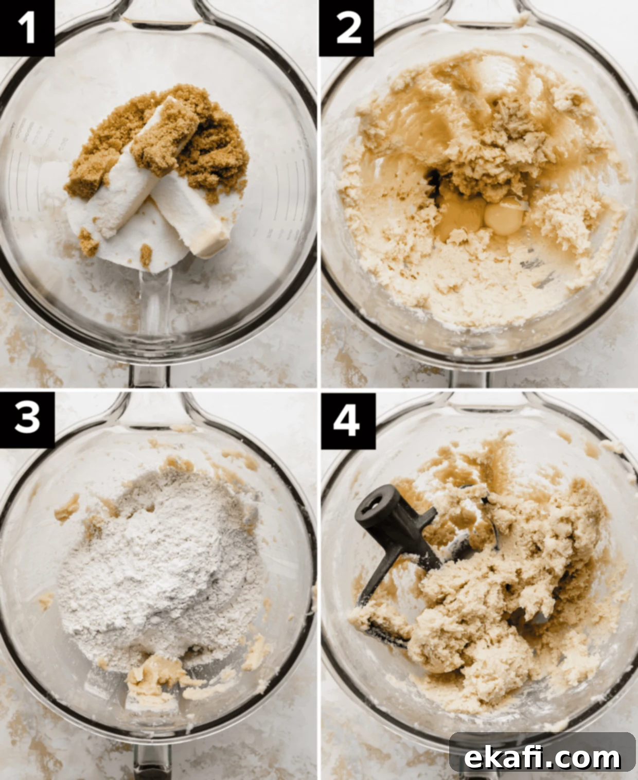 Chewy Snickerdoodle Blondies 4 Four images showing how to make Snickerdoodle Bar cooking dough in a glass bowl (on a light white background).
