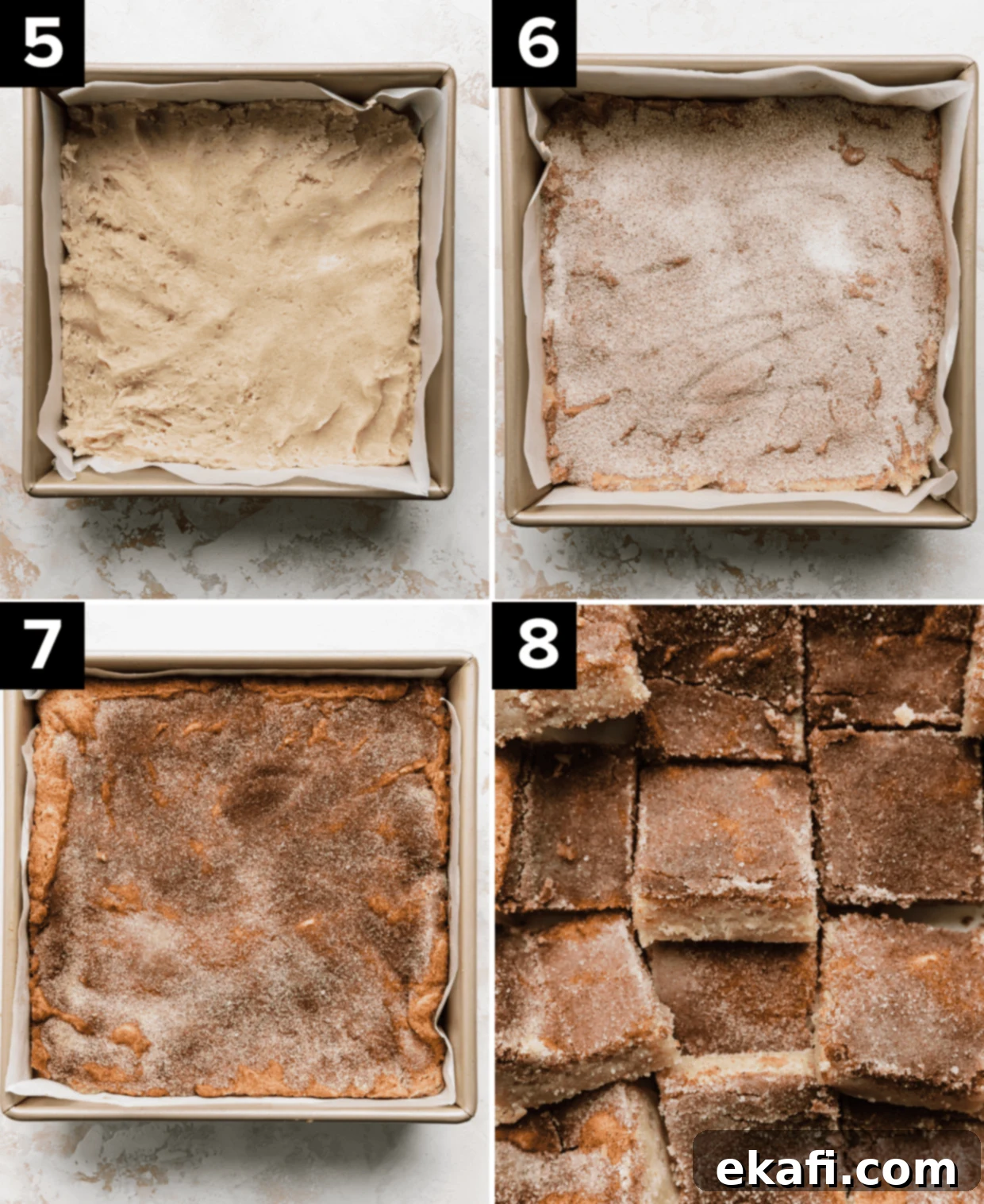 Chewy Snickerdoodle Blondies 5 Four photos showing snickerdoodle bars in a square pan prior to baking, then after baking and cut into squares.