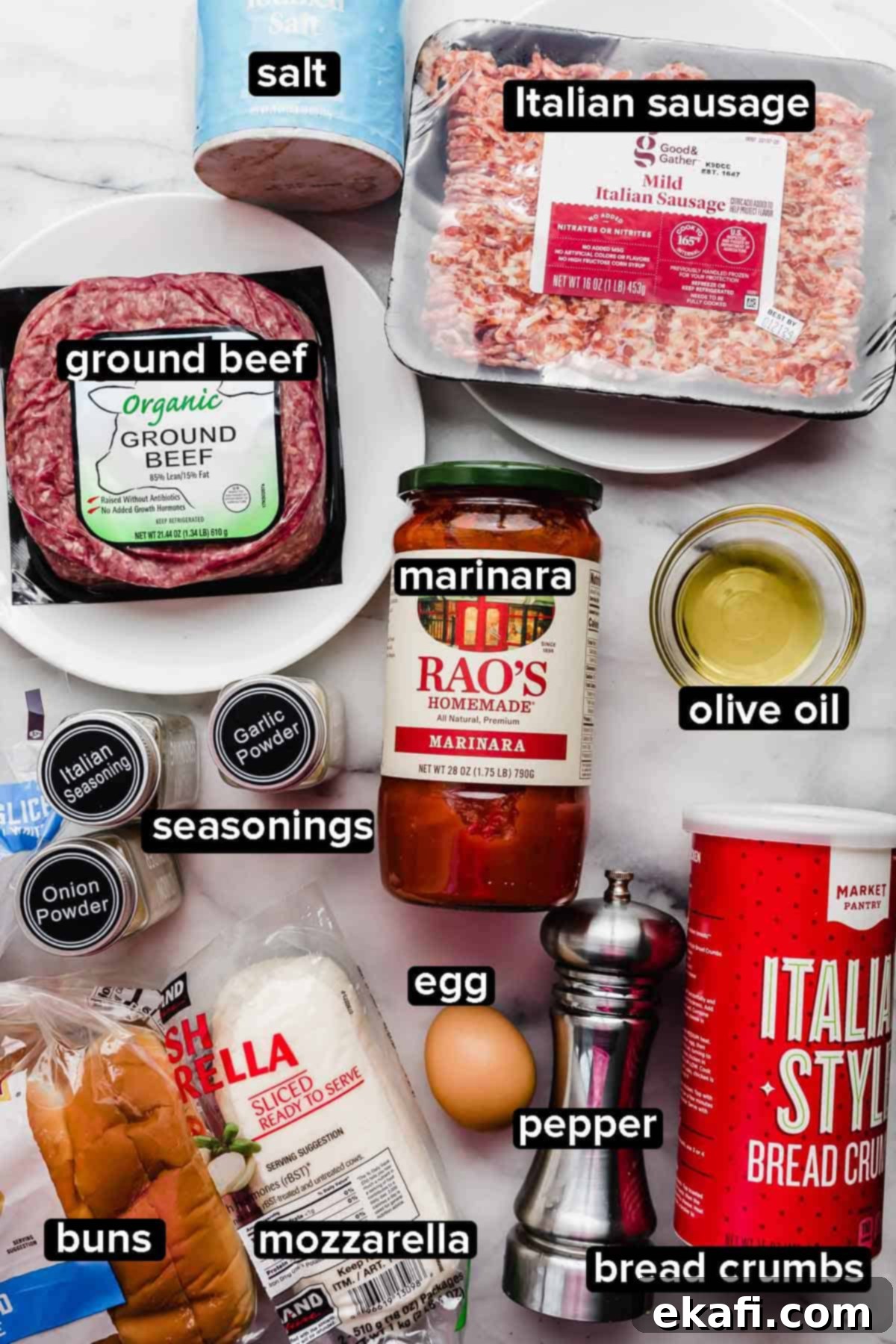 Classic Italian Meatball Subs 3 Italian Meatball Subs ingredients on a white background: ground beef, Italian sausage, marinara, bread crumbs, seasonings, egg, and mozzarella.