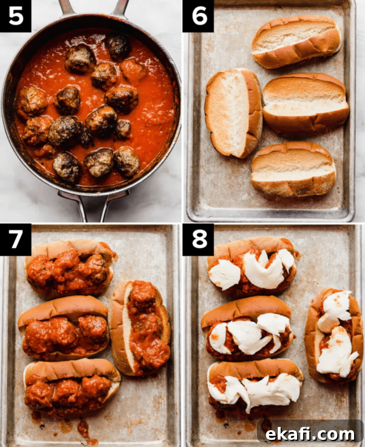 Classic Italian Meatball Subs 4 Four photos showing the process of how to make Italian Meatball Subs on toasted hoagie buns then topped with fresh mozzarella cheese.