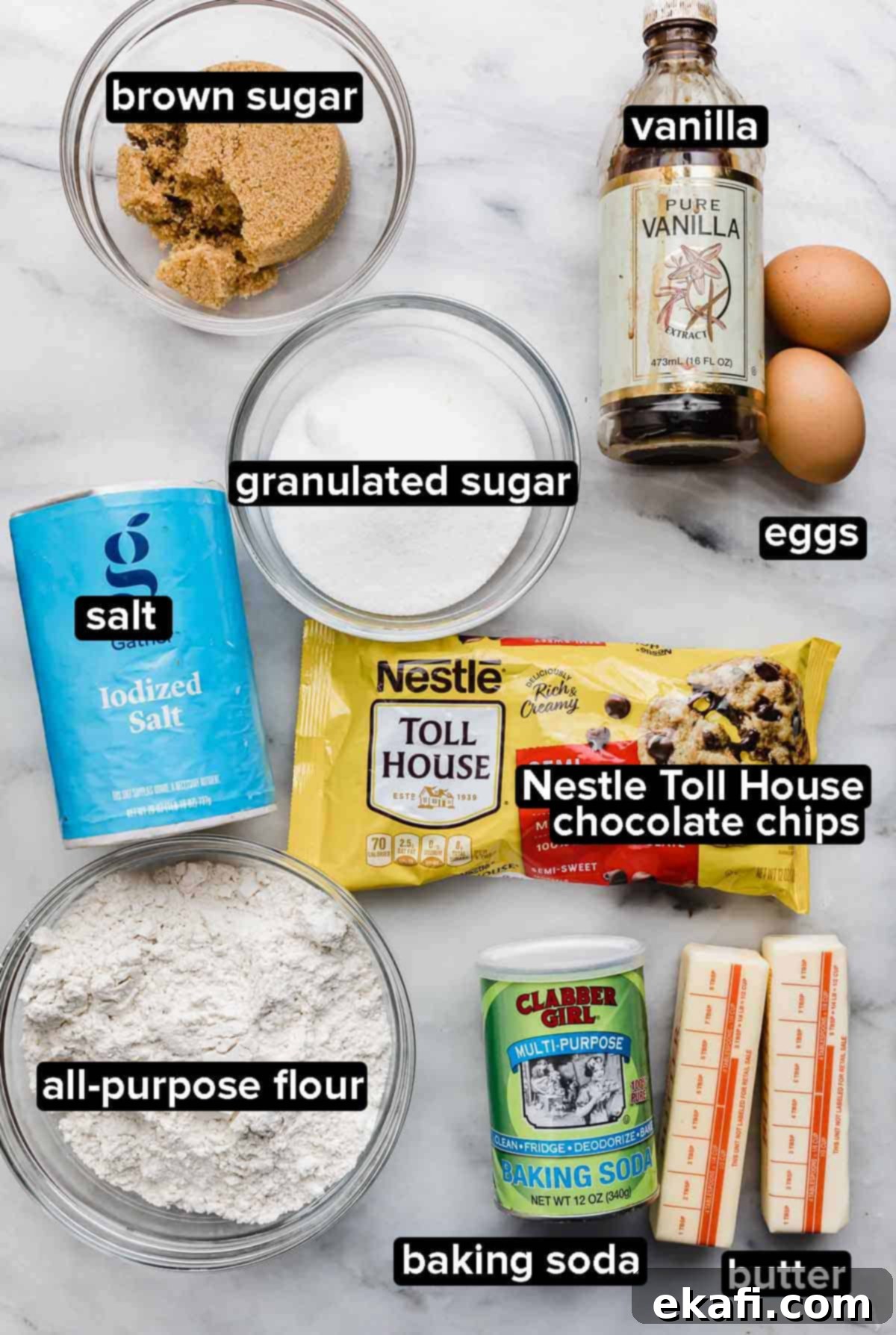 Nestle Toll House Signature Chocolate Chip Cookies 3 Nestle Toll House Chocolate Chip Cookie recipe ingredients displayed on a clean white background, including salt, flour, butter, baking soda, semi-sweet chocolate chips, granulated sugar, brown sugar, and eggs, ready for baking.