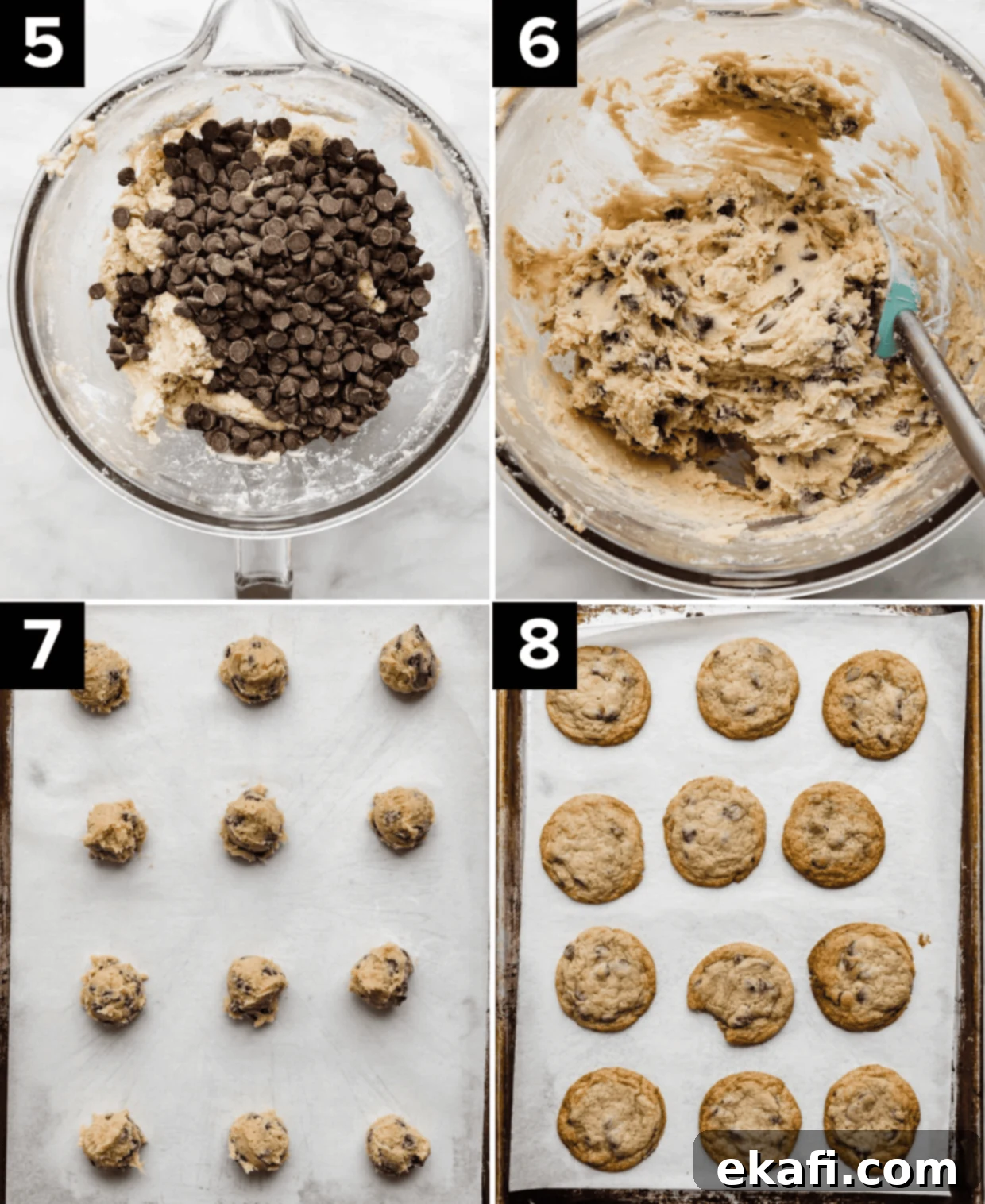 Nestle Toll House Signature Chocolate Chip Cookies 4 Nestle Toll House Chocolate Chip Cookie dough in a clear glass bowl, then portioned into neat balls on a baking sheet, followed by a photo showing the cookies perfectly baked and golden on a baking sheet.