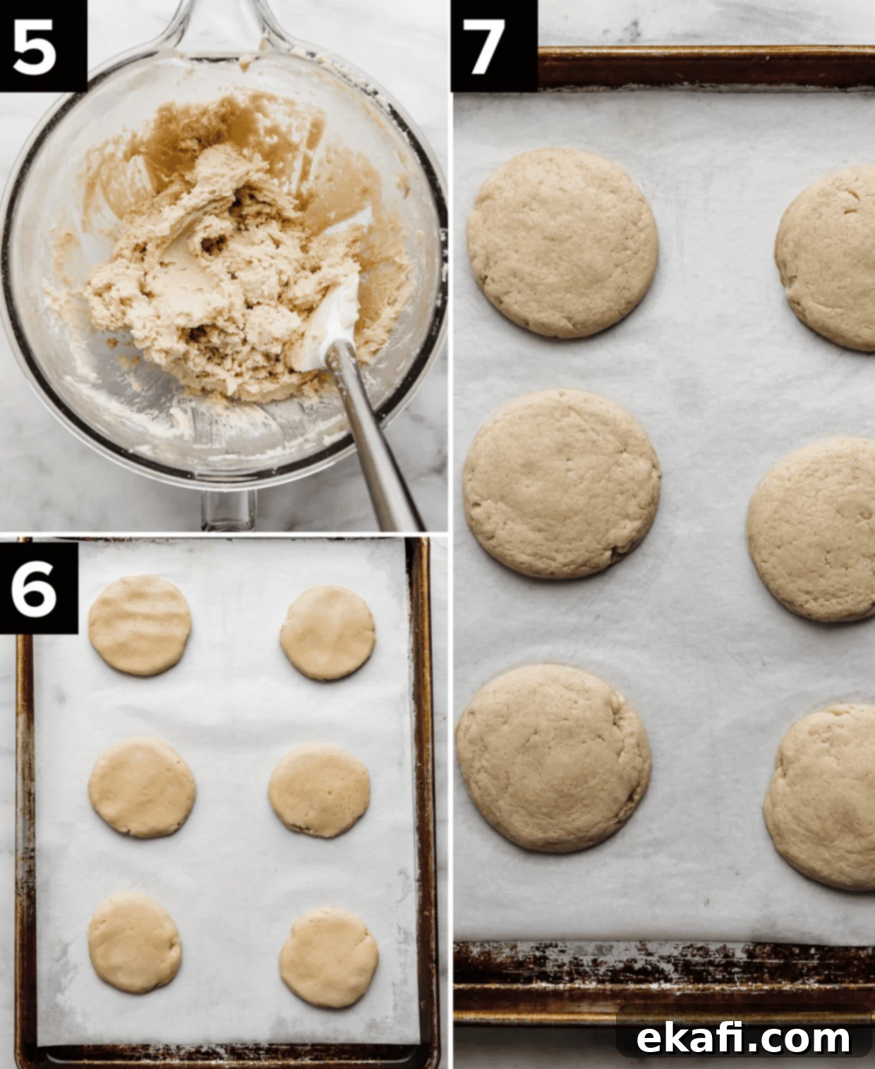 Fruity Dessert Cookie Pizzas 7 Cream cheese sugar cookie dough meticulously rolled into flat disks and perfectly baked on a baking sheet, ready for frosting.