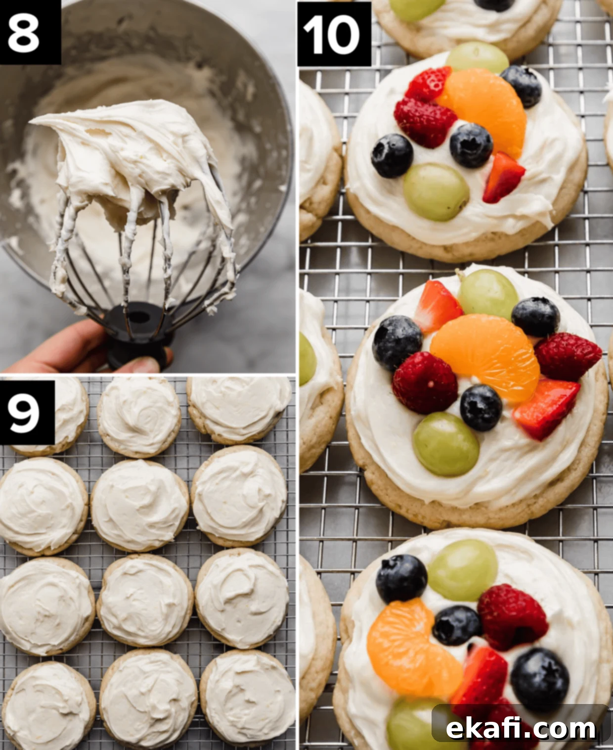 Fruity Dessert Cookie Pizzas 8 A triptych of images showing the frosting process: top-left features creamy lemon cream cheese frosting on a whisk, bottom-left shows frosted cookies, and the right photo displays finished Fruit Pizza Cookies adorned with fresh raspberries, blueberries, grapes, and mandarin oranges.