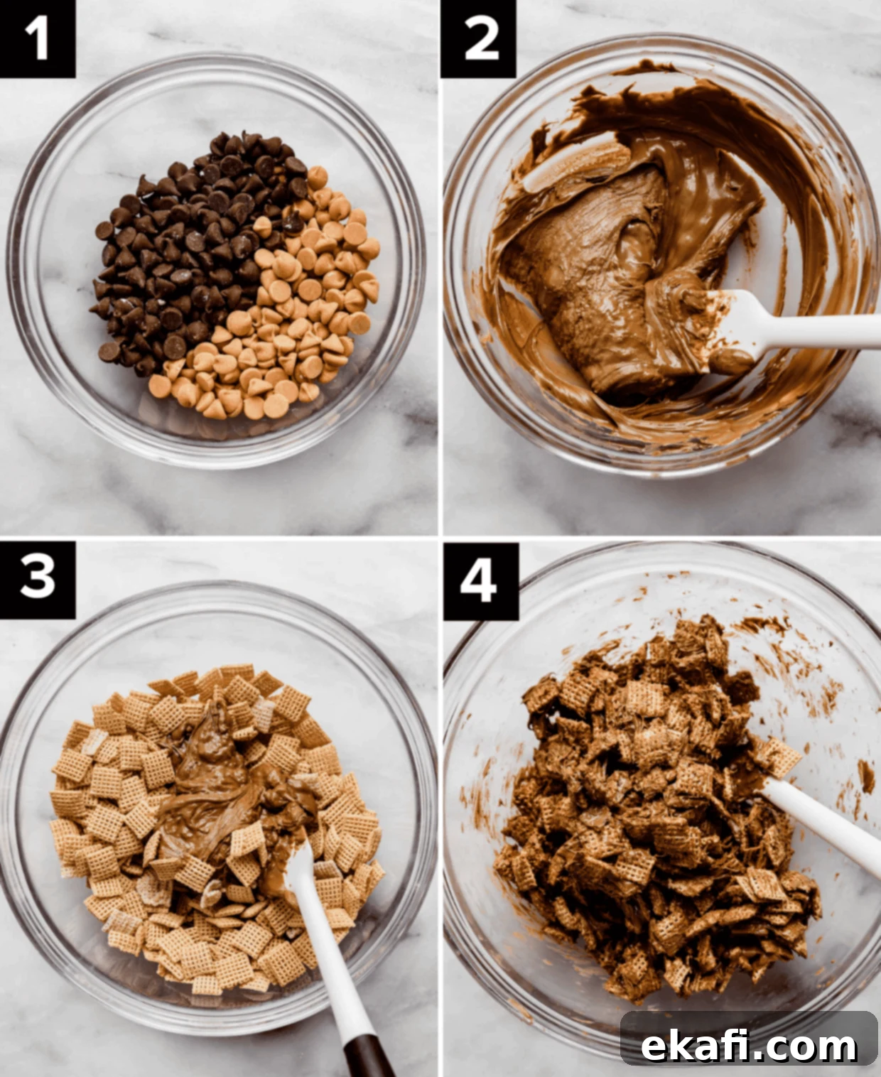 Butterscotch Cloud Crunch 4 A collage of four photos detailing the process of making Scotcheroo puppy chow (Butterscotch Puppy Chow). Top left shows chocolate chips and butterscotch chips in a glass bowl. Top right displays the chips melted into a smooth chocolate-butterscotch mixture. Bottom left illustrates the melted chocolate mixture being poured over Chex cereal in a glass bowl. Bottom right shows the Chex cereal thoroughly coated in the butterscotch and chocolate mixture.