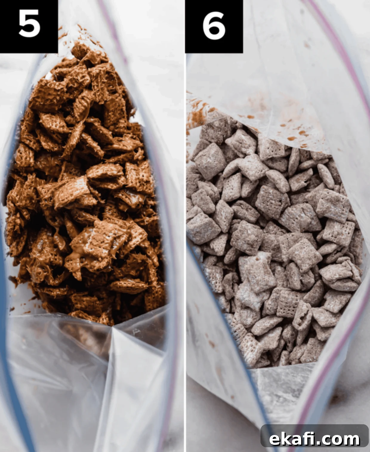 Butterscotch Cloud Crunch 5 A side-by-side comparison of two photos showing the final steps of making Butterscotch Puppy Chow. The left photo displays melted chocolate and butterscotch (Scotcharoo flavors) covered Chex cereal inside a ziplock bag, preparing for the powdered sugar coating. The right photo shows the finished powdered sugar coated Butterscotch Puppy Chow, perfectly dusted and ready to eat.