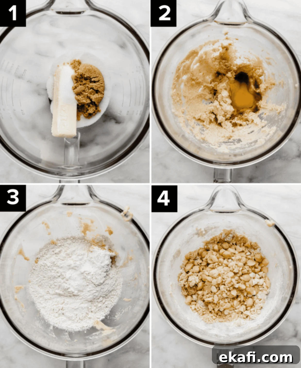 White Chocolate Macadamia Nut Cookies 4 Four photos showing the process of how to make White Chocolate Macadamia Nut Cookies, each photo has a glass mixing bowl and ingredients are added in each photo: butter and sugar, egg and vanilla, flour, macadamia nuts and white chocolate.