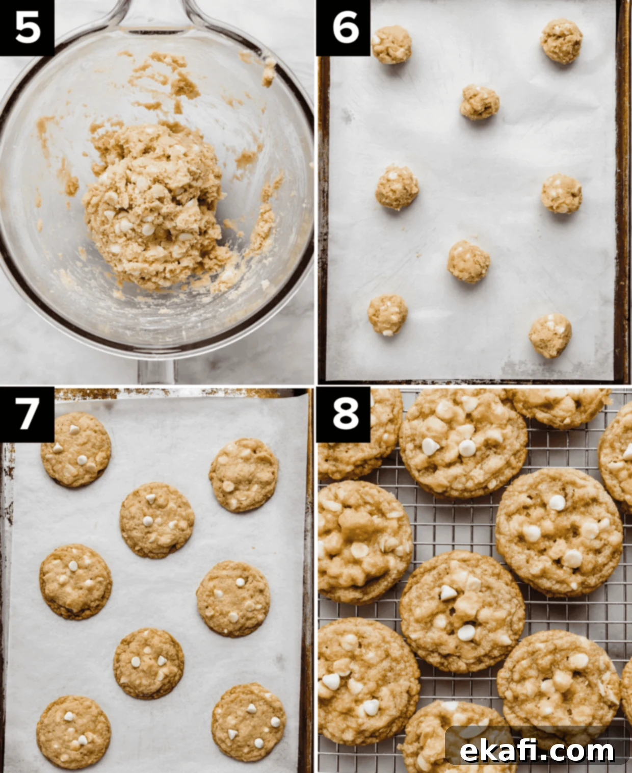 White Chocolate Macadamia Nut Cookies 5 Top left image is White Chocolate Macadamia Nut Cookie dough in a glass bowl, top right is macadamia nut white chocolate chip cookie balls on a baking sheet, bottom left photo is baked white chocolate and macadamia nut cookies on a cookie sheet, and bottom right image is White Chocolate Macadamia Nut Cookies on a cooling rack.