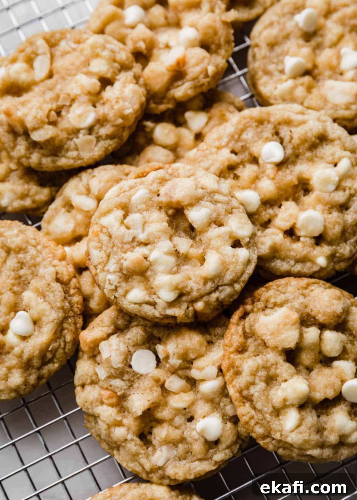 White Chocolate Macadamia Nut Cookies 6 White Chocolate Macadamia Nut Cookies on a cooling rack.