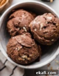Decadent German Chocolate Ice Cream 11 German Chocolate Ice Cream in a white bowl on a white marble surface.