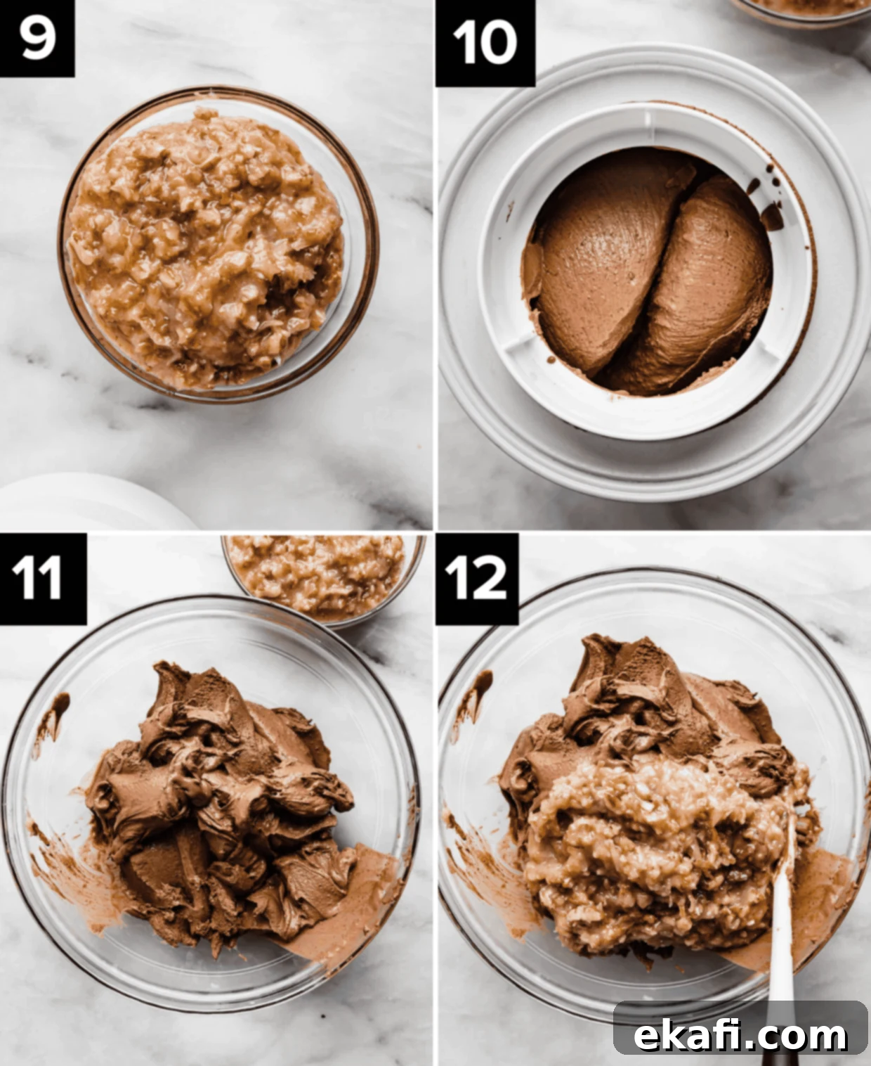 Decadent German Chocolate Ice Cream 7 Top left photo is coconut pecan frosting in a glass bowl, top right photo is German Chocolate ice cream churning in an ice cream maker, bottom left photo is churned chocolate ice cream in a glass bowl, bottom right photo is coconut pecan frosting on dark chocolate ice cream.