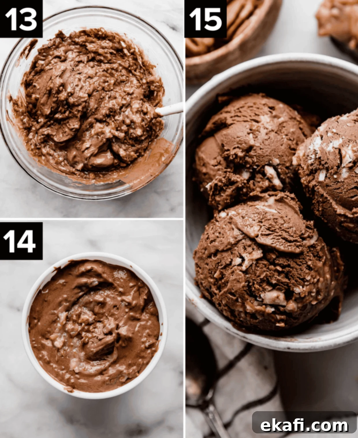Decadent German Chocolate Ice Cream 8 Three photos, top left is coconut pecan frosting stirred into chocolate ice cream, bottom left photo is German Chocolate Ice Cream in a white round freezer container, right photo is round scoops of German Chocolate Ice Cream in a white bowl.